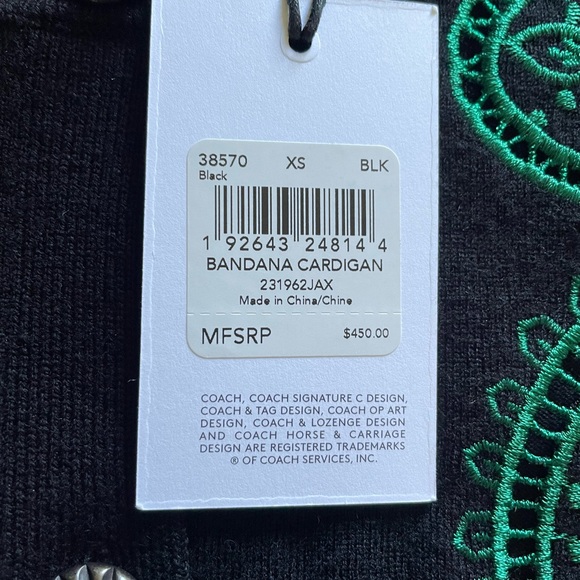 Coach Bandana Crewneck 100% Wool Cardigan, Size XS. Retail $459. NWT! - Picture 6 of 7